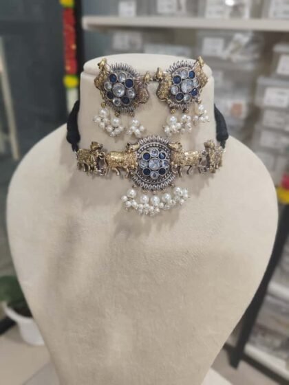 NECKLACE SET CHOKER DUAL TONE-WHITE AND BLUE