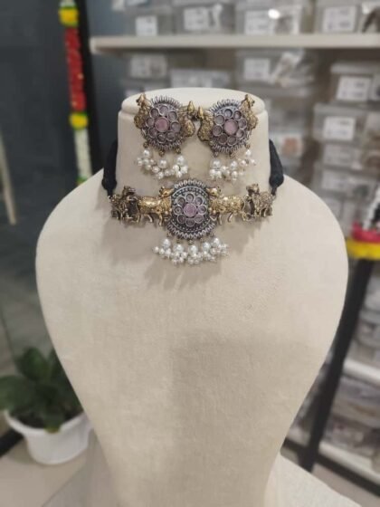 NECKLACE SET CHOKER DUAL TONE-PINK