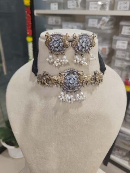 NECKLACE SET CHOKER DUAL TONE-WHITE