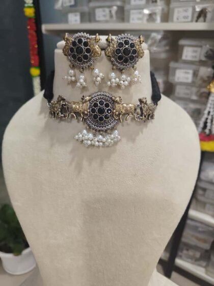 NECKLACE SET CHOKER DUAL TONE-BLACK