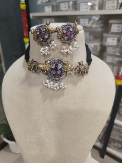 NECKLACE SET CHOKER DUAL TONE-WHITE AND RED