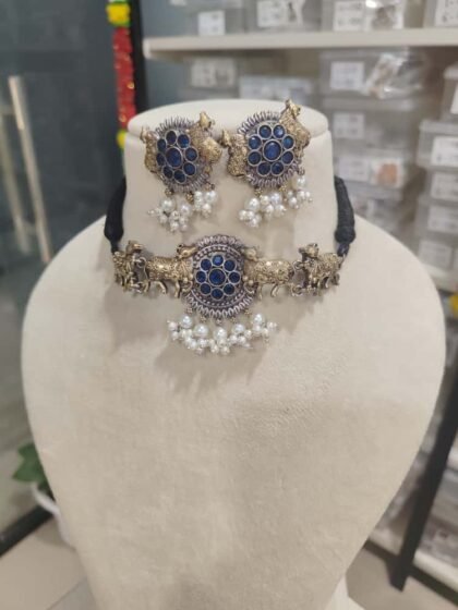 NECKLACE SET CHOKER DUAL TONE-BLUE