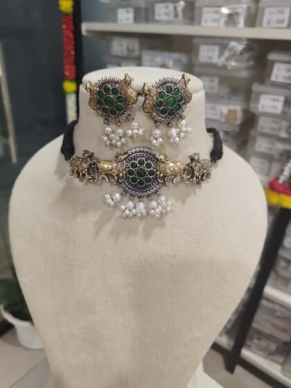 NECKLACE SET CHOKER DUAL TONE-GREEN