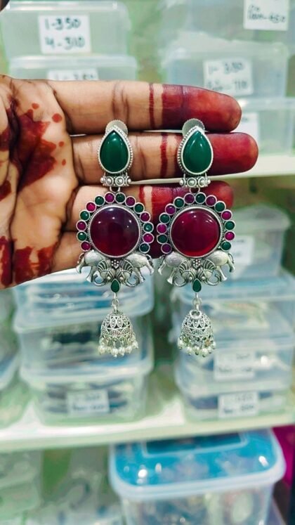STON ELEPHANT EARRING JHUMKI MULTI RED