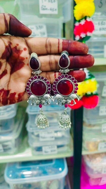 STON ELEPHANT EARRING JHUMKI  RED