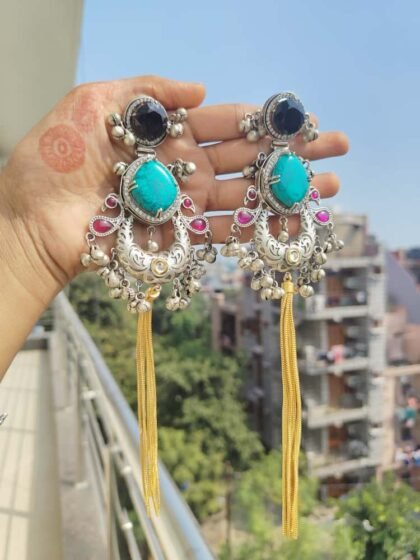 EARRING  DUAL TONE FIROZI MULTI BLACK