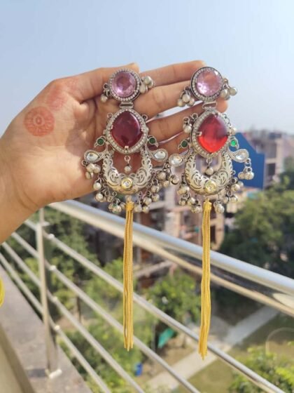 EARRING  DUAL TONE RED MULTI PINK