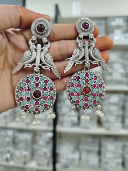 EARRING BIRD SILVER  RED AND LIGHT BLUE