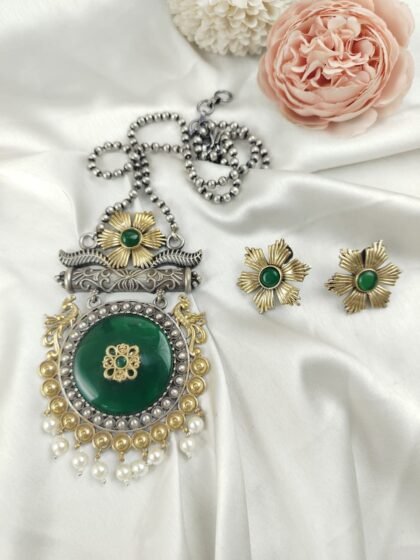 NECKLACE SET DUAL TONE -GREEN
