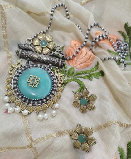 NECKLACE SET DUAL TONE -TEAL