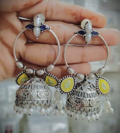 STON EARRING JHUMKI -WHITE BLUE