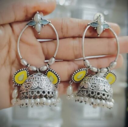 STON EARRING JHUMKI -LIGHT BLUE & WHITE