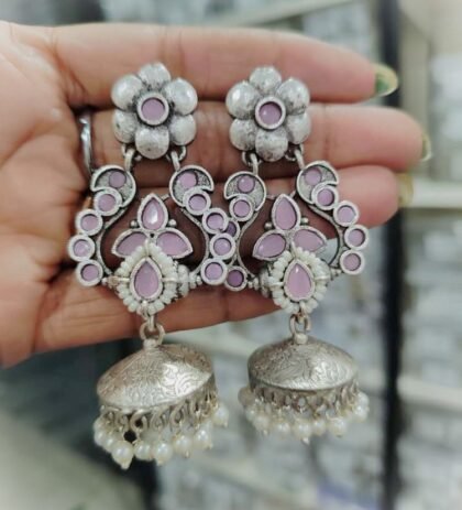 STON EARRING JHUMKI -PINK