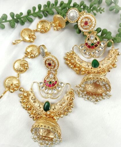 KASHMIRI JHUMKA EAR CHAIN EARRINGS-GREEN