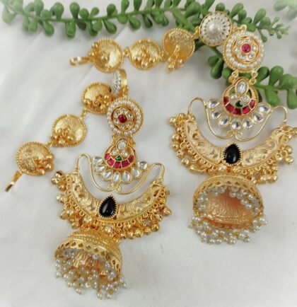 KASHMIRI JHUMKA EAR CHAIN EARRINGS-BLACK