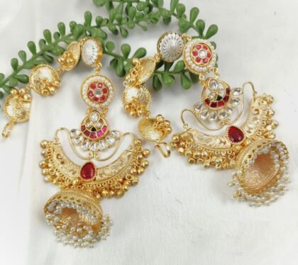 KASHMIRI JHUMKA EAR CHAIN EARRINGS-RED