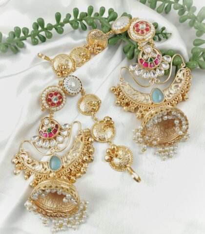 KASHMIRI JHUMKA EAR CHAIN EARRINGS-LIGHT BLUE