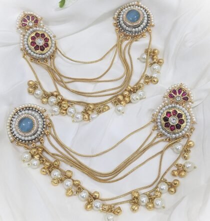 KASHMIRI  EAR CHAIN EARRINGS-LIGHT BLUE