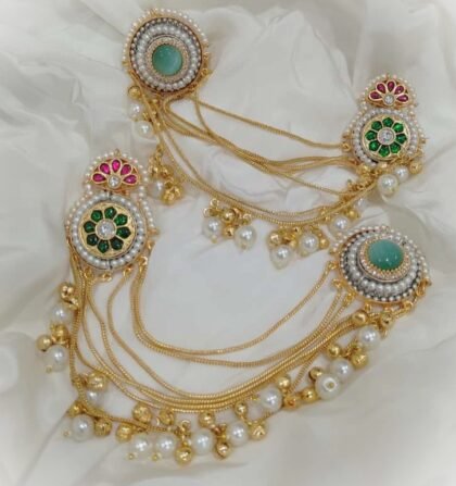 KASHMIRI  EAR CHAIN EARRINGS-TEAL GREEN