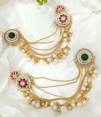 KASHMIRI  EAR CHAIN EARRINGS- DARK GREEN