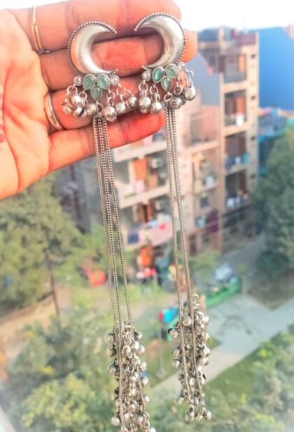 KASHMIRI SILVER EAR CHAIN EARRINGS-TEAL