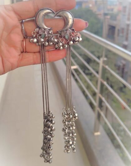 KASHMIRI SILVER EAR CHAIN EARRINGS-PINK& TEAL