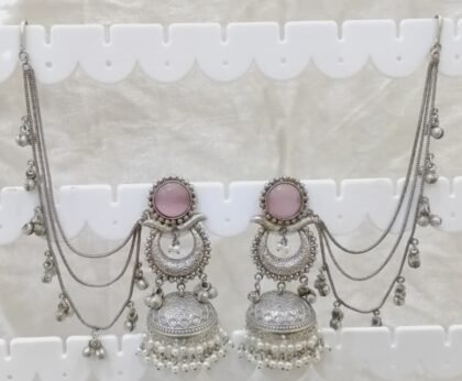 SILVER KASHMIRI  EAR CHAIN EARRINGS JHUMKA-PINK