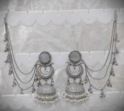 SILVER KASHMIRI  EAR CHAIN EARRINGS JHUMKA-GREY