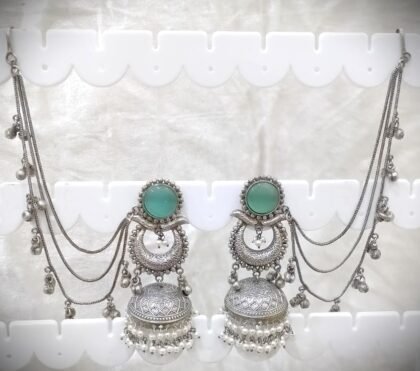 SILVER KASHMIRI  EAR CHAIN EARRINGS JHUMKA-TEAL