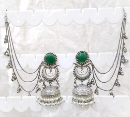 SILVER KASHMIRI  EAR CHAIN EARRINGS JHUMKA-GREEN