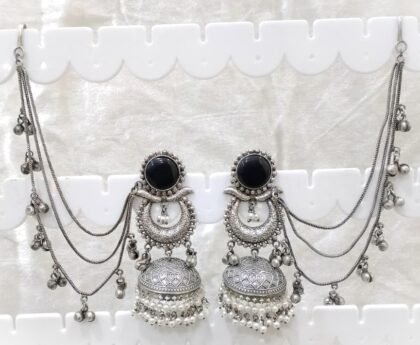 SILVER KASHMIRI  EAR CHAIN EARRINGS JHUMKA-BLACK