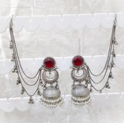 SILVER KASHMIRI  EAR CHAIN EARRINGS JHUMKA-RED