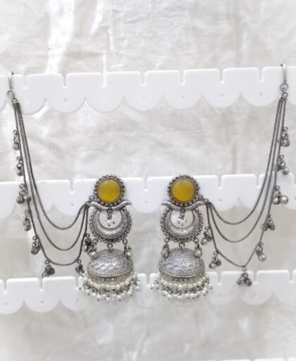 SILVER KASHMIRI  EAR CHAIN EARRINGS JHUMKA-YELLOW