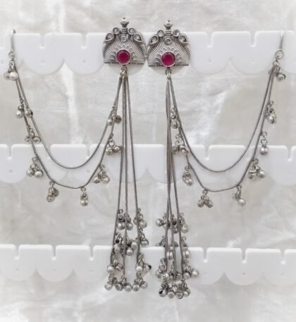 SILVER KASHMIRI  EAR CHAIN EARRINGS-RED