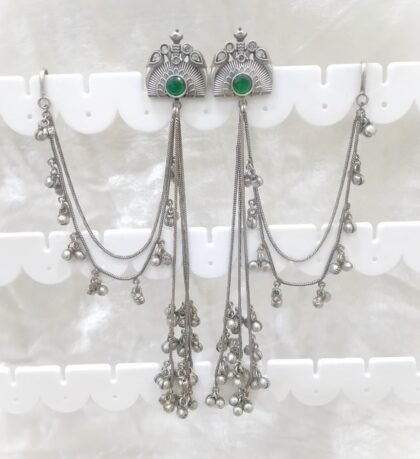 SILVER KASHMIRI  EAR CHAIN EARRINGS-GREEN