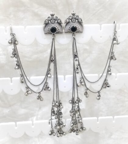 SILVER KASHMIRI  EAR CHAIN EARRINGS-BLACK