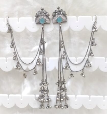 SILVER KASHMIRI  EAR CHAIN EARRINGS-LIGHT BLUE