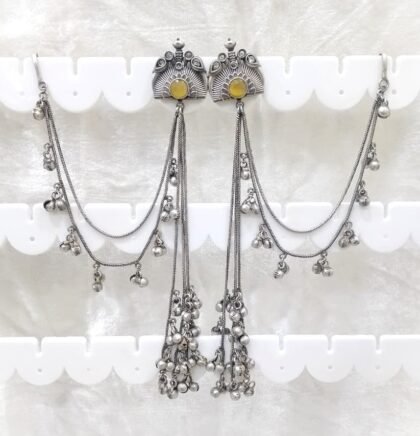 SILVER KASHMIRI  EAR CHAIN EARRINGS-YELLOW