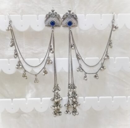 SILVER KASHMIRI  EAR CHAIN EARRINGS-BLUE