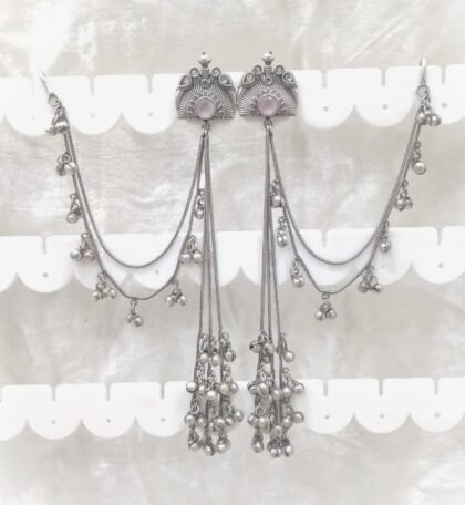 SILVER KASHMIRI  EAR CHAIN EARRINGS-PINK