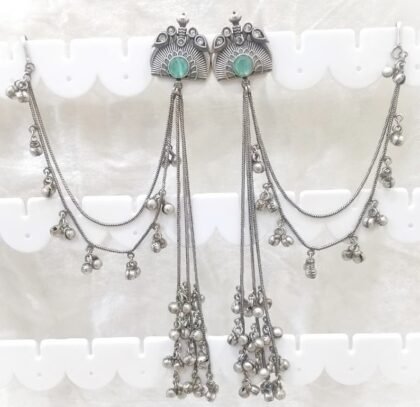 SILVER KASHMIRI  EAR CHAIN EARRINGS-TEAL