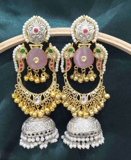KASHMIRI  EARRINGS JHUMKA STONE-PINK