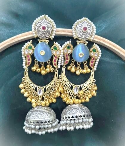 KASHMIRI  EARRINGS JHUMKA STONE-LIGHT BLUE
