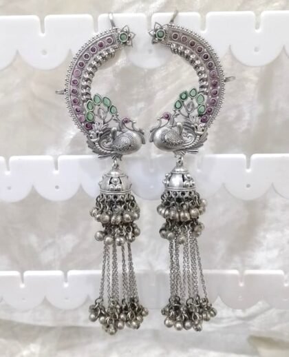 KASHMIRI SILVER EAR CUFF EARRINGS-RED GREEN