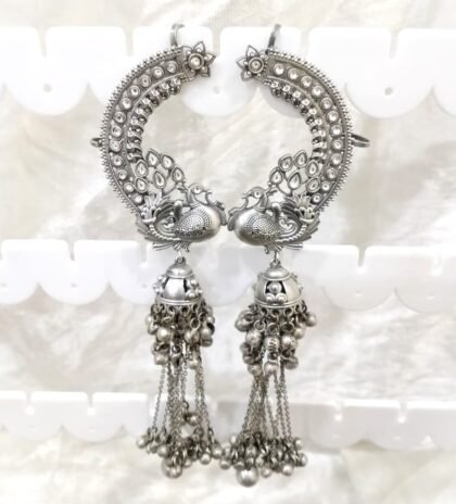 KASHMIRI SILVER EAR CUFF EARRINGS-WHITE