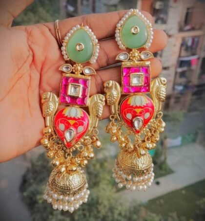 KASHMIRI  EARRINGS JHUMKA STONE-,RED,MINT