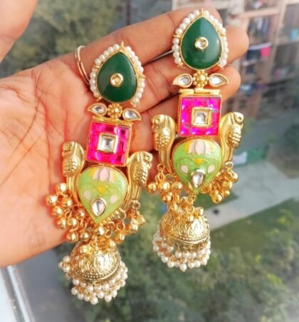 KASHMIRI  EARRINGS JHUMKA STONE-GREEN,RED,MINT
