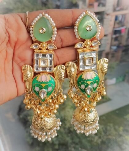 KASHMIRI  EARRINGS JHUMKA STONE-WHITE ,MINT ,GREEN