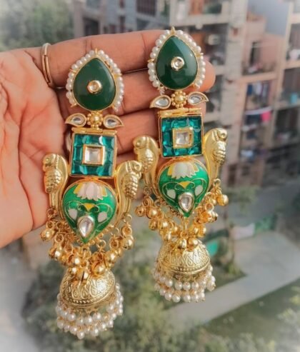 KASHMIRI  EARRINGS JHUMKA STONE-GREEN