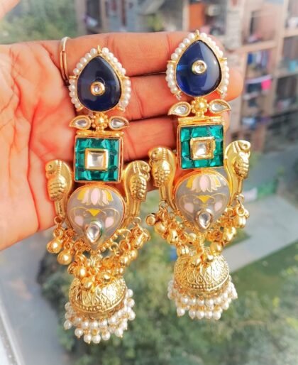 KASHMIRI  EARRINGS JHUMKA STONE-BLUE ,GREEN,GREY